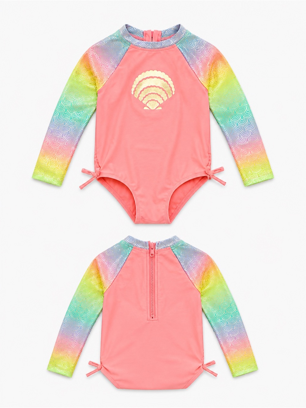 Cat & Jack Coral Pink Rainbow Girls' Long-Sleeve One-Piece Rash Guard Swimsuit